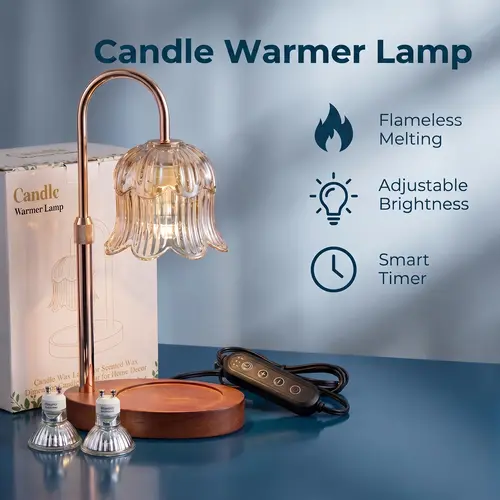 Modern home decor candle heating light — highly adjustable brightness, candle melting timer function, includes 2 bulbs; suitable for bedroom aromatherapy, living room décor, and kitchen use; wood and metal materials; ideal holiday gift, amber color.