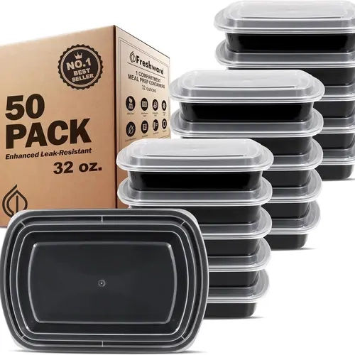 Tupperware 32oz Heavy Duty Durable BPA-Free Plastic 1-Compartment Bento Boxes - 50-Pack Reusable Anti-Leak Food Storage Containers with Lids, Stackable Kitchen Gadgets, 250°F Reheat-Safe, Freezer-to-Microwave, Dishwasher-Safe for Kid’s Meals