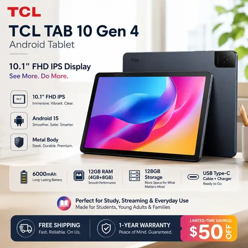 TCL TAB 10 Gen 4 Android Tablet - 10.1” FHD IPS Display, Octa-Core CPU, 12GB RAM (4+8), 128GB Storage, 6000mAh Battery, Android 15, Wi-Fi, Metal Body, USB-C/Type C, MicroSD Support, Family Link, for Students & Families, Ideal for Streaming