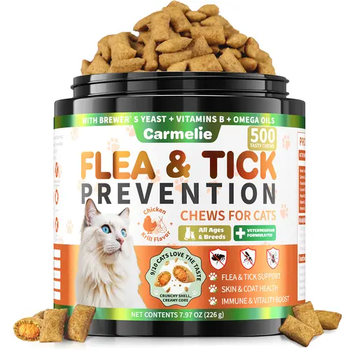 Carmelie Flea & Tick Support Vitamin Supplement for Cats, 500 Crunchy & Creamy Chicken & Krill Chews - Natural Oral Treatment, Itching Relief, Skin & Coat Health (Brewer’s Yeast & Salmon Oil, All Breeds & Ages) #backtoschool #sohochic