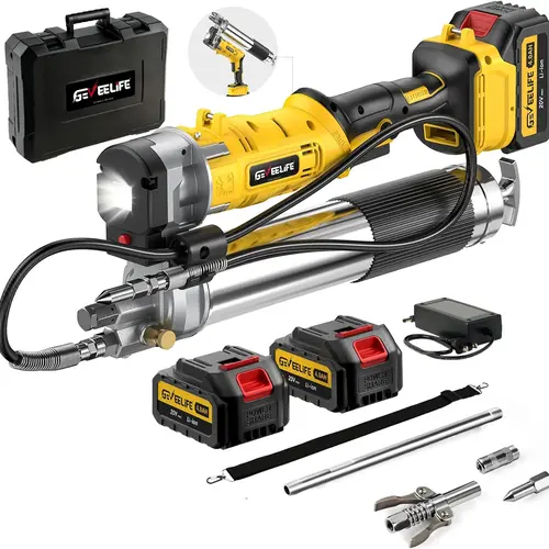 GEVEELIFE Aluminum Electric Grease Gun - 10,000 PSI, 2×2000mAh Cells, Fast Charger, 90° Swivel Coupler, Works with Bulk/Cartridges Grease for Farm, Truck, Fathers Day Gift, Led Lights, Batteries, 90° Swivel Reach