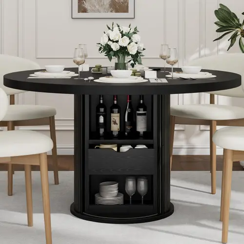 47 Inch Black Round Dining Table for 4-6,Kitchen Table with 2-Layer Storage Shelf and a Drawer,Farmhouse Circle Dinner Table for Dining Room,Kitchen,Living Room (Table Only)