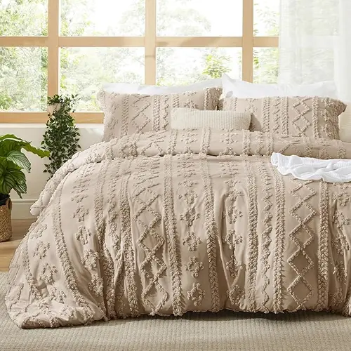 Bedsure 3-Piece Tufted Boho Comforter Set - Soft Jacquard Embroidery Bedding, Farmhouse Shabby Chic Style, All- Season Use, Ideal for Bedroom Decoration