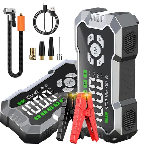 【SUMMER SALE】Roadside Essential Portable Car Jump Starter 3000A Peak, Built-in Tire Inflator 150PSI 35L/Min, 6400mAh Battery Booster Pack with LED Emergency Light, USB Charging for Auto Motorcycle