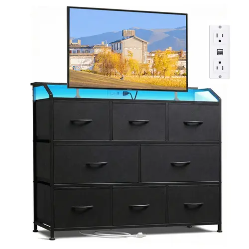 Sweetcrispy 8-Fabric-Drawer Durable Modern Storage Cabinet - Living Room Sideboard, Space Saver, Media Cabinet, Built-In Power Hub, Customizable RGB Lights, Bedroom Dresser, Small Space Organization Furniture