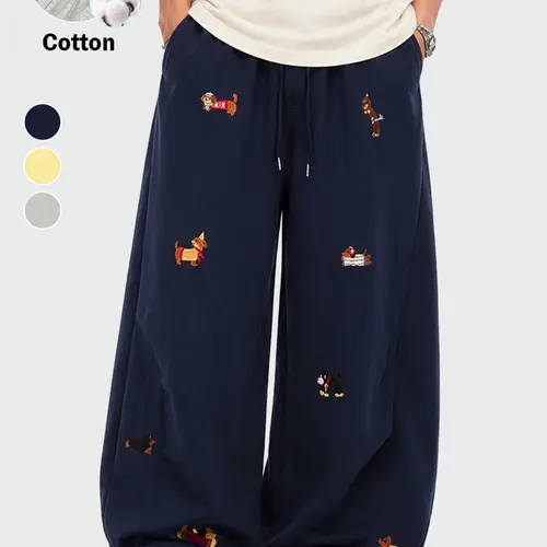 TELLFUN Men's Baggy Jogger Pants - Dog Embroidery, Loose-Fit Barrel Leg, Stretch Fabric, Drawstring Waist, Y2K Streetwear Casual Bottoms, Baggy Sweatpants