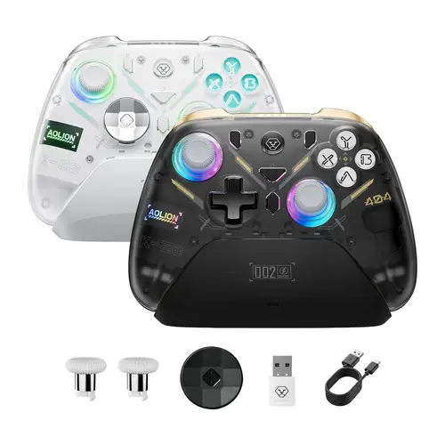 AOLION K20 Wireless Game Controller (Not for PlayStation/Xbox) - Anti-Drift Hall Effect Gamepad with Charging Dock, RGB Lighting, Swappable D-Pad, Cable Included, Compatible with Switch, PC, iPad, Smartphone - Accessories for Gamers