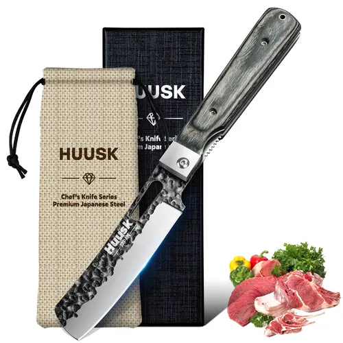 HUUSK Handmade Nakiri Chef Knife with Wooden Handle - Folding Cooking Tool, Portable BBQs Kitchenware, Ideal Gift for Enthusiasts