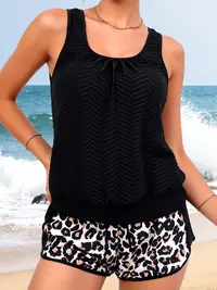 B2LOVER Women Tankini Swimsuit Outfit Modest Two Piece Bathing Suit with Scoop Neck Adjustable Drawstring Boy Shorts Outdoorfun Summerwins Swimwear Summer Turn Up