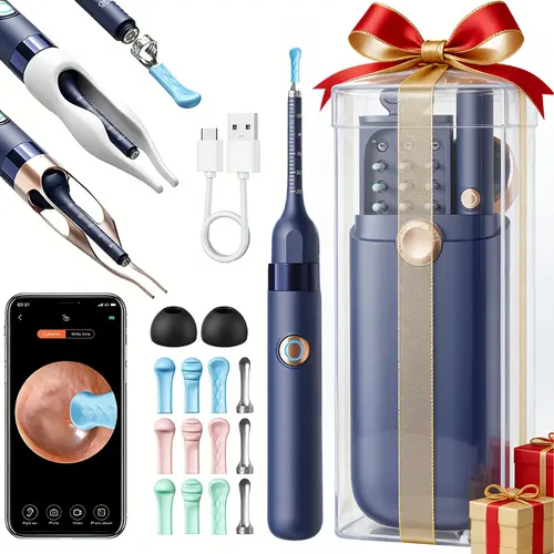 12pcs Gentle Silicone Ear Wax Removal Tool Set - Rechargeable Battery-Powered, Wi-Fi, Light & 3P Precision Lens Camera, Safety Stopper, Nose Picker, Compatible with IOS & Android, Self Care for Beginners, Christmas/Birthday Gift