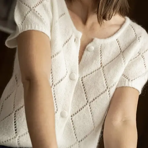 French Gentle Style Knit Cardigan, Casual Knitted, Knitwear, Breathable Soft, Short Sleeve Hollow Texture, Round Neck Button Design, Casual Everyday Fitted Top for Spring Summer Fall Womenswear Knitting, Knitted Casual Clothing