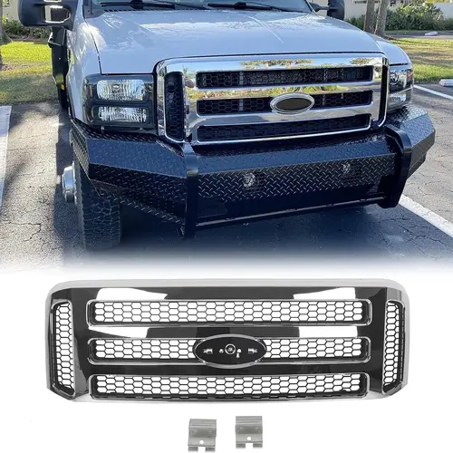 HECASA Front Grille Compatible with 1999-2004 Ford Super Duty F-250 F-350 Excursion (New Front Chrome Grille) 2006 Style W/Detachable Mesh Insert,car accessories