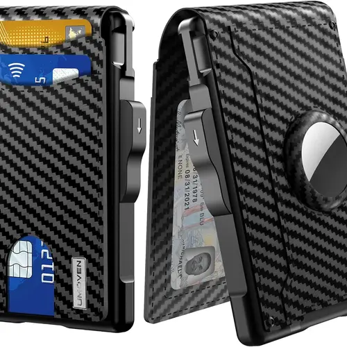 Men's AirTag Wallet- Pop Up Aluminum Case, Money Clip, RFID Blocking Slim Bifold Leather Card Holder, Minimalist Wallet with Gift Box - AirTag NOT Included