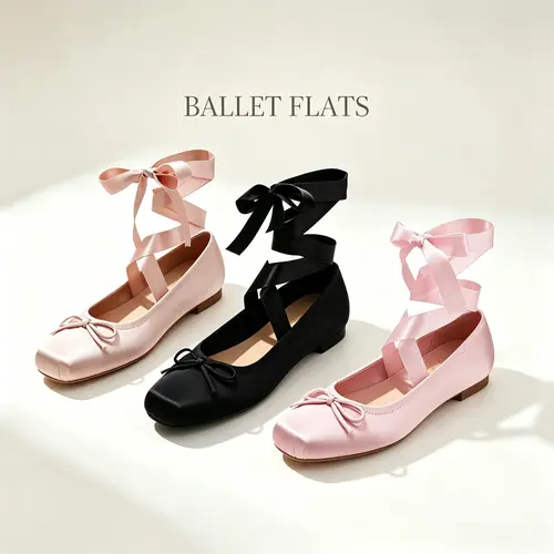 Women's Satin Upper Bow-Decorated Ballet Flats - Square Toe, Front Bows, Ankle Laces, Flat Sole, Elegant Party Shoes