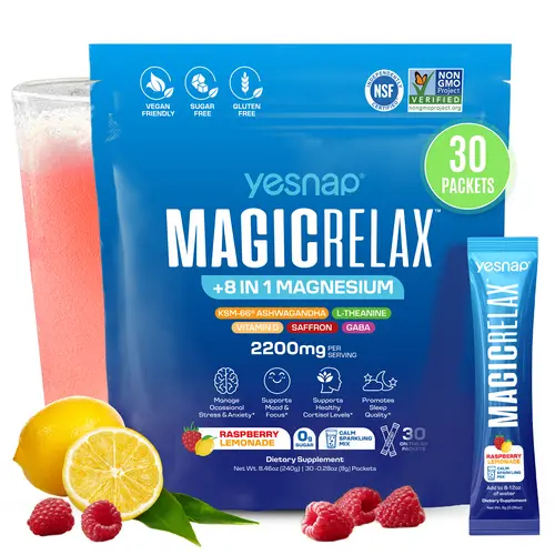 Yesnap MAGICRELAX Calming Sparkling Drink Powder Supplement Mix, 8-in-1 Magnesium Blend with KSM-66 Ashwagandha, Saffron, Vitamin D3, GABA & L-Theanine, Sugar-Free Cortisol Aid Calming Mix for Wind-Down, 30 Servings, Non-GMO, Raspberry Lemonade Flavor