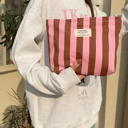 Women's Striped Storage Bag, Contrast Color Design, Large Capacity Makeup Organizer, Canvas Handbag & Shoulder Bag, Fashionable Unique Bags, Storage Pouches, Multifunctional Storage Bag, Versatile Multipurpose Storage Bag