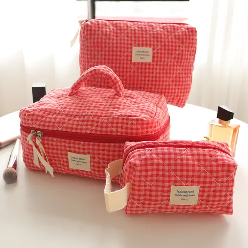 Set of Three Large Capacity Portable Makeup Bags, Women/girls Skincare Washroom Storage Bag, Multifunctional Cute Wallet Style Plaid Bag, Makeup Container Set, Travel Cosmetic Bag, Makeup Organizer Pouch, Travel Makeup Bags Organizers, Travel Essentials
