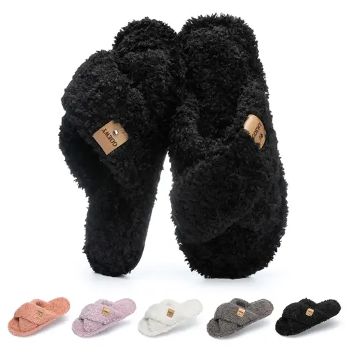 GOEWY Women's Cozy Open Toe Slippers - Basic Slip-On with Memory Foam, Cross Band, Polyester Fiber, Rubber Sole, Fuzzy Soft Design - Indoor Wear Gifts for Mom, Bridesmaid