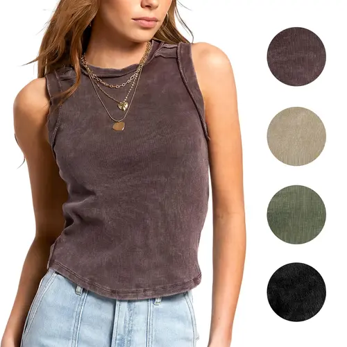 Arssm Womens Acid Wash Tank Top Sleeveless Cotton Ribbed Fitted High Neck Raw Edge Tank