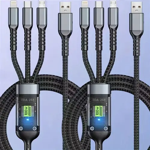 100W 3-in-1 USB Fast Charging Cable Charger - 1.2m Durable LED-Lit Cord with Lightning, Micro & Type-C Connectors for Smartphone, Tablets, Electronic Devices - Car Accessories Use