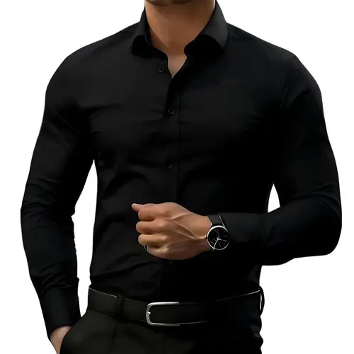 Men’s non-stretch slim-fit Long Sleeve shirt; casual button-front dress shirt suitable for semi-formal and business-casual occasions; men’s formal inner layer; solid-color pointed-collar button-front Long Sleeve shirt; menswear, Plain,summerwins,father'sd