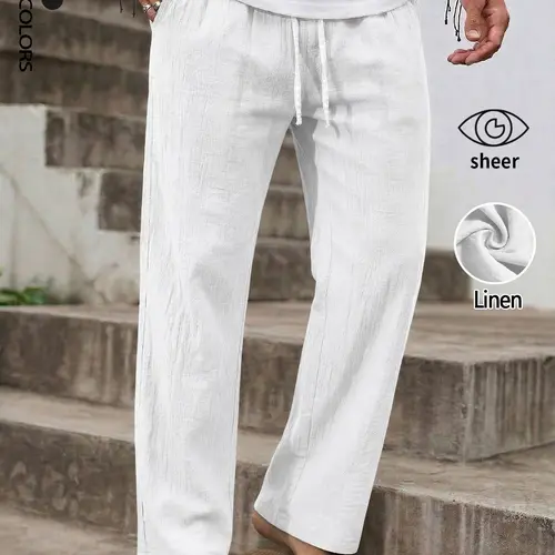 Men's Casual Lightweight Linen Pants, Casual Comfy Drawstring, Solid Color Loose Fit Elastic Drawstring Waist Straight Legs Summer Breathable and Soft Yoga Beach with Pockets Vacation Daily Going Out Lounge Wear Summer Bottoms