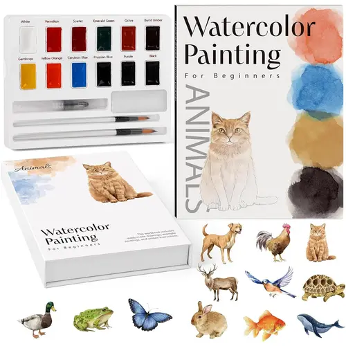 Watercolor Animal Workbook, Beginner Watercolor Paint Set, Arts & Crafts Coloring Book for Adults and Teens with 12-Color Paint Set & Brush