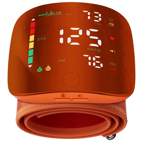 Orange Rechargeable Wrist Blood Pressure  with LED Touch Screen, Voice Broadcast & 99x2 Memory — Accurate Home BP Tracking Made Simple,Suitable 5.3 - 7.6 inches