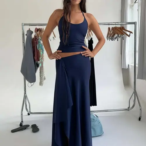 Women's Solid Sleeveless Tie-Neck Cami Top & Bodycon Side-Split Long Skirt Two-Piece Set for Summer Party and Vacation Minimalist