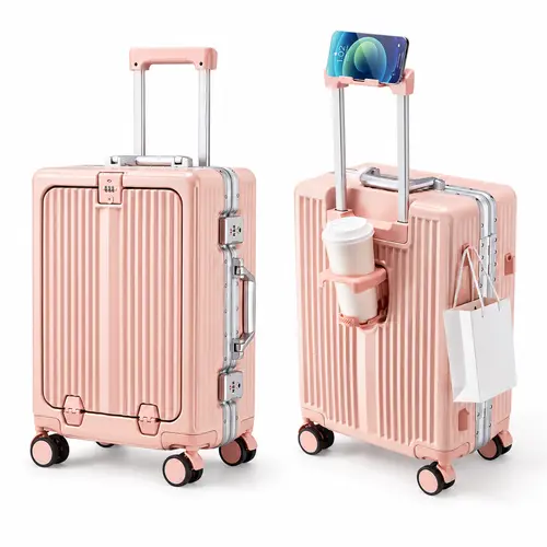Aluminum Frame Luggage Set, 20" Carry-On & 24" Checked Hard Shell Suitcases with TSA Lock, Front Opening Pocket, Cup Holder, Phone Holder, 360° Spinner Wheels, Laptop Compartment for Business Travel,back to school shopping