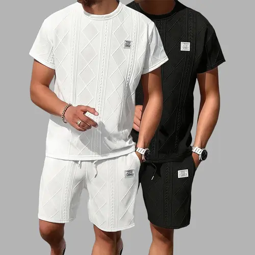 Men's 2-Piece Classic Matching Jacquard Fabric Crewneck (Round Neck) Fitted Cut Short-Sleeve T-Shirt & Shorts Set, Breathable Summer Casual Sportswear, Black+White (1 Set)