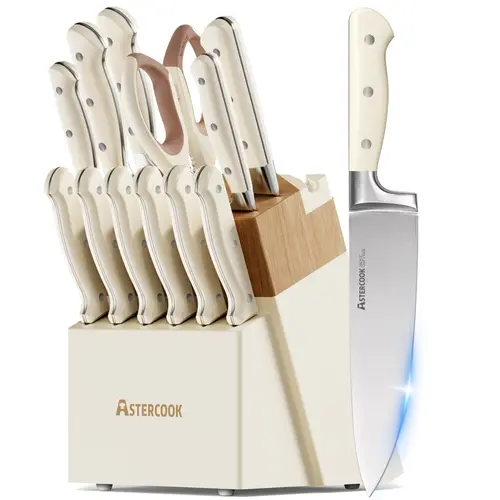 Astercook 15-Piece Stainless Steel Knives Kitchen Set with Block and Built-In Sharpener, Dishwasher-Safe Anti-Slip Knives for Families & Apartments, Organized & Convenient for Chopping, Slicing, Dicing, Home Cooking