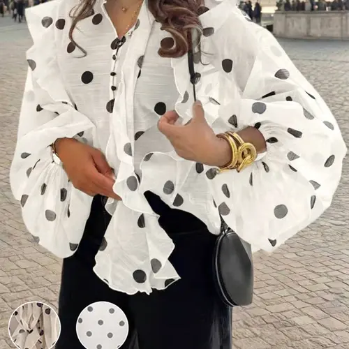 Women's French Polka Dot Bow Collar Lantern Sleeve Loose Ruffle Long Sleeve Lightweight Mesh Chiffon Shirt Blouse Top, casual chic top, Casual Button Up, Buttoned Design, button blouse shirts, Spring & Fall Everyday Wear, Fashion Womenswear