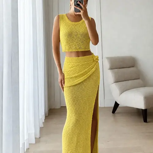 Elegant Women's Knitted Vest Set, Sleeveless Round Neck Half Skirt Fitted, Spring Summer Beach Vacation, Two-Piece Sweater Dress, Womenswear Clothes Lady, Chic Skirt Sets, Skirts Sets, Co Ord Set, Knit Outfit Set, Fitted Clothing Set