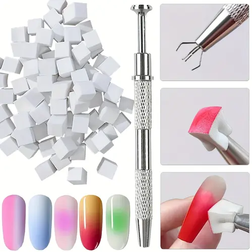 100pcs Nail Art Gradient Sponge Set, Includes Grip Pen & Storage Box, Soft Sponges for Nail Art Gradient & Stamp Polishing, Advanced Manicure Nail Painting Tool, Nail Art Kits
