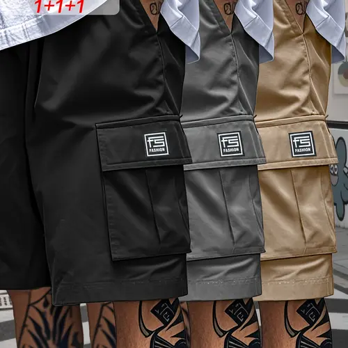Men’s cargo shorts 3-pack — loose fit, no stretch, solid color, multi-pocket work shorts — casual, relaxed-fit shorts suitable for summer wear