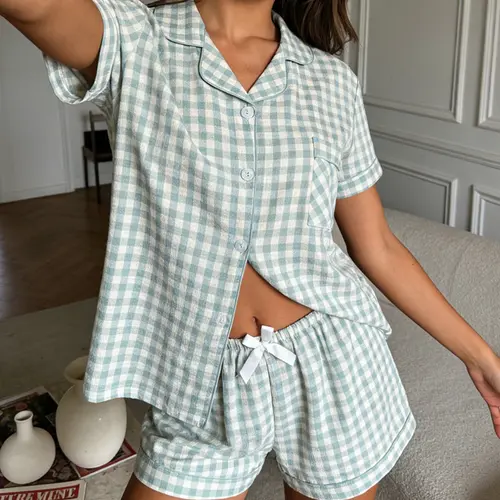 Women's Two-Piece Loose Fit Bow Sleepwear, Pajamas Set, Classic Mint Checkered Design, Casual All Seasons Loungewear, Pajamas For Adults