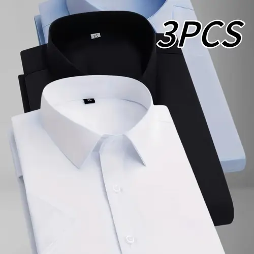 Men's 3-Pack Solid Color Short-Sleeve Dress Shirts - Turn-Down Collar, Button-Front, Comfortable Breathable Lightweight Non-See-Through Fabric, Office to Dinner Wear, Beige Menswear