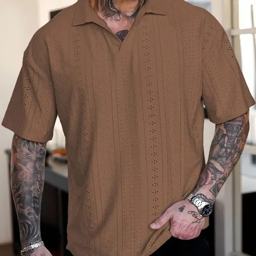 Men's Casual Loose Vacation Collared Knitted Short Sleeve Polo Shirt Top, Inspired Spring Summer Knit Mesh Boho Texture, Perfect for Music Festivals & Daily Wear Textured