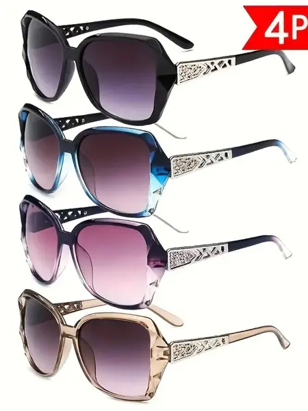 Summer Sun Protection Glasses 4-Piece Set | Y2K Classic Retro Large Frame with Hollow Temple Design | Trendy, Elegant & Fashionable Eyewear for Beach, Travel & Outdoor Fashion