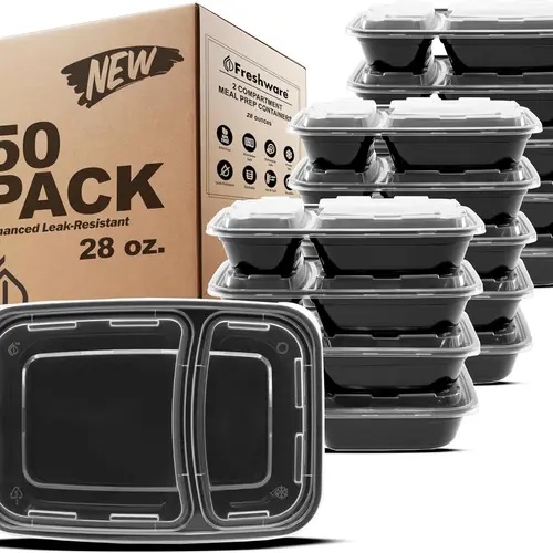 FRESHWARE 50-Pack 28oz Reusable 2-Compartment BPA-Free Heavy-Duty Plastic Food Containers with Lids - Stackable, Reheatable, Microwave/Dishwasher/Freezer-Safe, Resists Bending, Food-Grade Portion Control Containers for Meal Prep, Balanced Meals, Healthy M