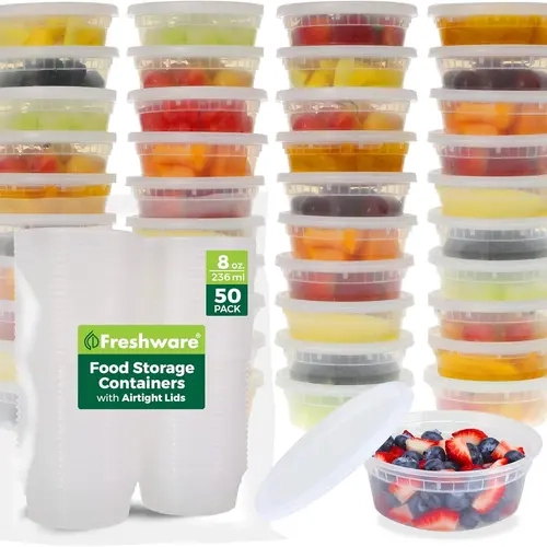 FRESHWARE 50-Set 8oz Airtight Lid Plastic Food Containers - BPA-Free, Stackable, Leakproof Reusable Lunch Containers for Meal Prep & Portion Control, Microwave/Dishwasher/Freezer Safe