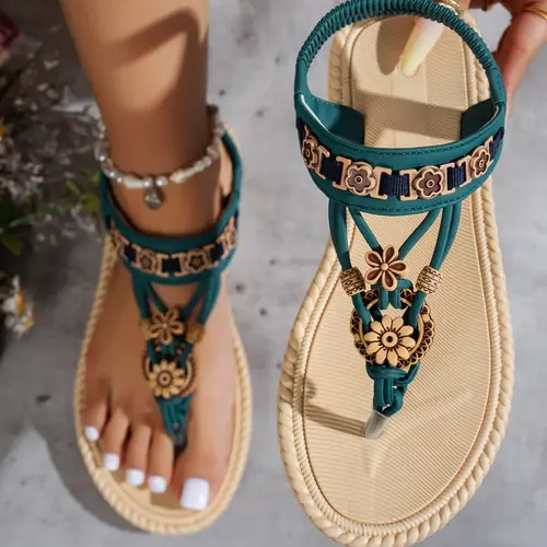 Boho Style Women's Lightweight Eva Material Flat Sandals, Bohemian Trendy Sandals, Fashion Floral Sandals, Elegant Fashion Round Toe Beaded Flower Beach Shoes, Summer Casual Outdoor Shoes for Vacation, Casual Daily Footwear