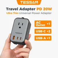 【Universal Travel Adapter PD 20W】 Travel essentials, TESSAN Universal Power Adapter 2 USB C 1 USB A, Ultra Thin International Plug Adaptor Worldwide Outlet for US to European UK Italy Spain New Zealand (Type C G A I), 1 Pack（Grey 45W）-Father's Day gift