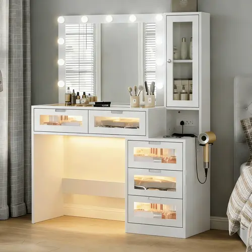 PUNICE White Bedroom Makeup Vanity Desk - Backlit Makeup Vanity with LED Lights, LED Accent Design, Tempered Glass Top, Side Cabinet, Power Outlet, Lit Drawers,SohoChic