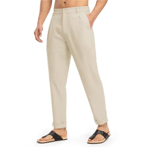 Gopune Men's Lightweight Casual Pants Slim Fit Cotton Linen Pants Elastic Waist Summer Beach with Pockets Menswear Trouser the Black Bottoms