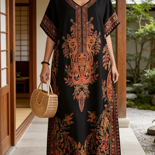 Women's Middle Eastern Robe, Casual Everyday V Neck Beach Vacation Bohemian Boho Styles Fashion Home Daily Wear Dress, Loose-Fitting Ethnic Floral Pattern, Womenswear