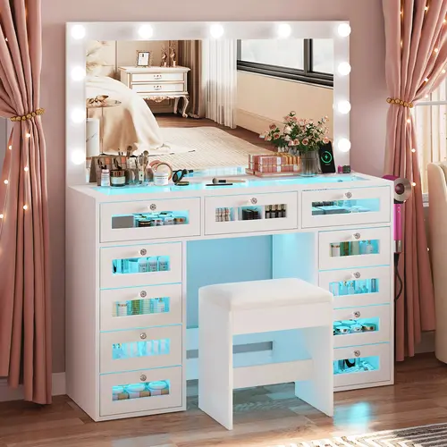 PUNICE Modern Bedroom Makeup Vanity Desk Furniture - LED Lighted Mirror, Tempered Glass Top, 7 Drawers, RGB Ambient Lighting, for Vanity & Makeup & Dresser Organization