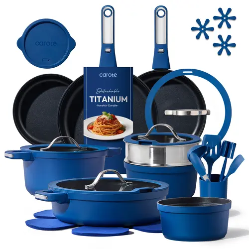 [Official]CAROTE 23/30pcs Sapphire Blue Pots and Pans Set Non Stick, Nonstick Cookware Set, Dishwasher/Oven/Fridge Safe Pots and Pans, Removable Handle RV Oven Safe Cookware, Induction Kitchen Set, Blue