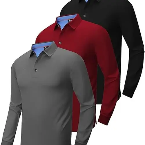 Men’s Long Sleeve Polo Shirt, 3-Pack — Moisture-Wicking Golf/Business Travel Casual Turn-Down Collar Shirt Block Color Dry Quick,clothes for back to school,first day of school outfits